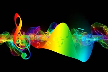 An image of musical notes being played in multicolour 