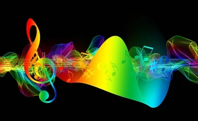 An image of musical notes being played in multicolour 