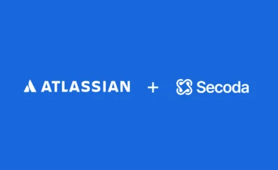 Atlassian and Secoda logos on a blue background