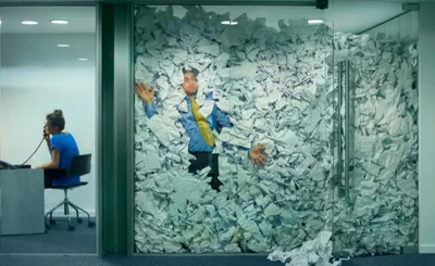 A businessman is trapped behind a glass office door, buried under an avalanche of discarded paper. In the adjacent office, a colleague works on, completely unaware. A visual metaphor for information overload, fragmented systems, and the chaos of unmanaged knowledge in the modern workplace.