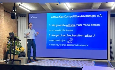 Stef Corazza alongside a slide about Canva's AI strategy at its EMEA analyst day 2026-02