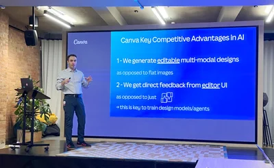 Stef Corazza alongside a slide about Canva's AI strategy at its EMEA analyst day 2026-02