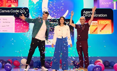 Canva founders Cameron Adams, Melanie Perkins, Cliff Obrecht launch Canva AI 2.0 on stage at Canva Create 2026