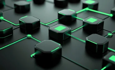Black hexagonal blocks connected by glowing lines, tech background