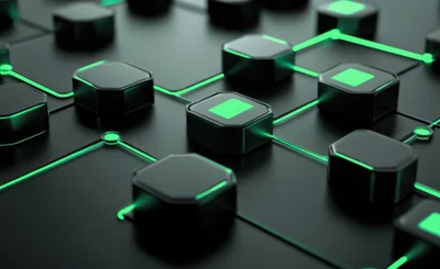 Black hexagonal blocks connected by glowing lines, tech background