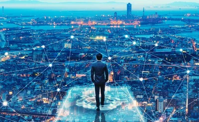 Business man on future network city