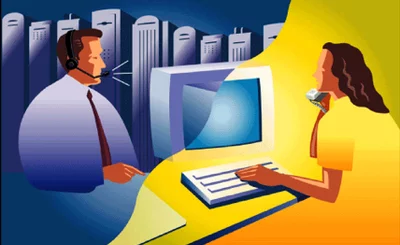Illustration of two people looking at a monitor from two different perspectives shaded in yellow and blue. CRM concept. 