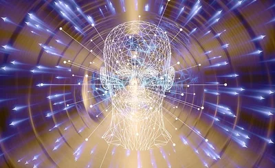 An image of the shape of a person’s head illustrated with digital lines