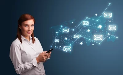 Young lady holding a phone with arrows and message icons