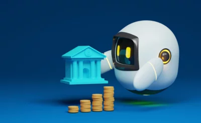 Blue robot holding a coin on blue background using generative AI finance accounting © lerbank-bbk22 - Canva