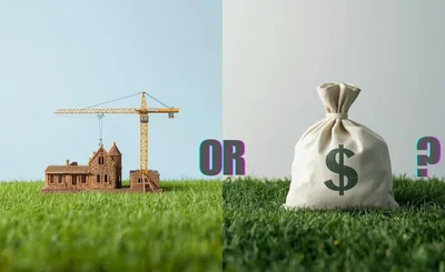 Model house construction on left vs bag of money on right, both on grass