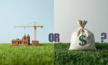 Model house construction on left vs bag of money on right, both on grass