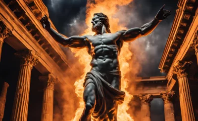 Prometheus standing in a Greek temple shrouded in fire © AI generated Canva.com