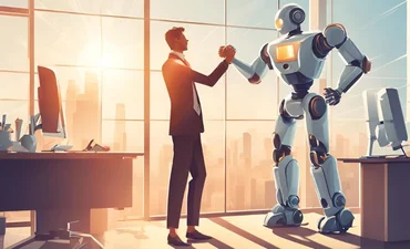 Office worker and robot assistant celebrate success together with sun setting behind over cityscape
