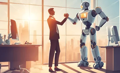 Office worker and robot assistant celebrate success together with sun setting behind over cityscape