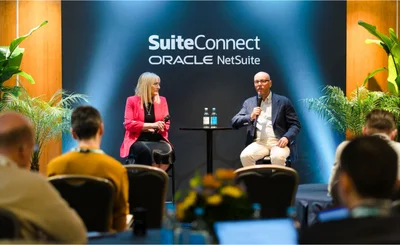 NetSuite's Nicky Tozer (l) and Evan Goldberg take questions from media at SuiteConnect London 2026