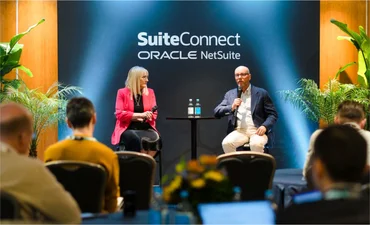 NetSuite's Nicky Tozer (l) and Evan Goldberg take questions from media at SuiteConnect London 2026