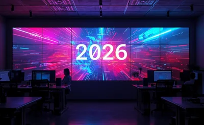Screen with 2026 on pink & blue background. People are sat on office chairs in front. 