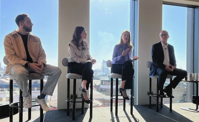 Sage SME Pulse panel Dan Murray, Louise Hellem, Nina Skero (speaking), Steve Hare