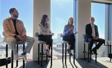 Sage SME Pulse panel Dan Murray, Louise Hellem, Nina Skero (speaking), Steve Hare