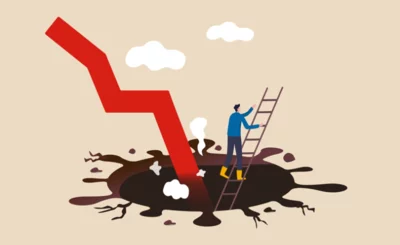 economic recession, survival from Coronavirus crash concept, businessman climb up ladder from deep hole of coronavirus impact with red arrow graph © eamesBot - Shutterstock