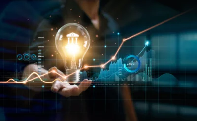 creative light bulb with growth graph and banking icons. Financial innovation technology develop new products and services that enhance successful and profit in global business. © PopTika - Shutterstock