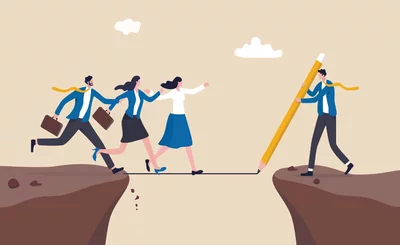 Support or help employee to progress and achieve business target, leadership solution to overcome obstacle concept, businessman manager draw line as a bridge to help team members to cross the cliff © eamesbot - Shutterstock