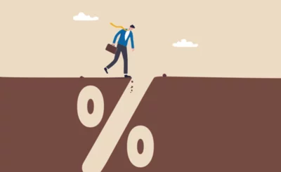 Financial pitfall, mistake or failure, risk management, businessman looking into deep hole of banking percentage sign pit © eamesBot - Shutterstock