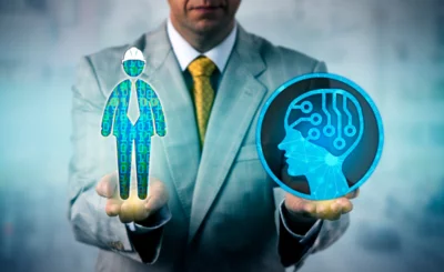 Manager using generative AI balanced with people © LeoWolfert - Canva.com