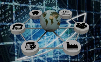 Supply Chain network with earth globe on white background © connelld - Canva.com
