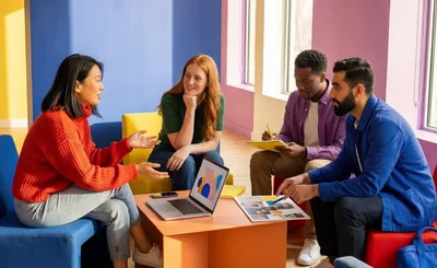 Colourful office featuring diverse team working together around a coffee table 