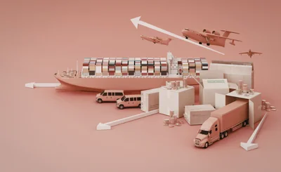 boat, lorry, planes, boxes, arrows & coins on pink background.