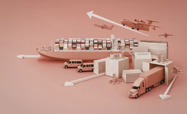 boat, lorry, planes, boxes, arrows & coins on pink background.