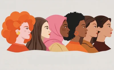 Illustrated image of diverse group of six women in palette of orange, coral & brown