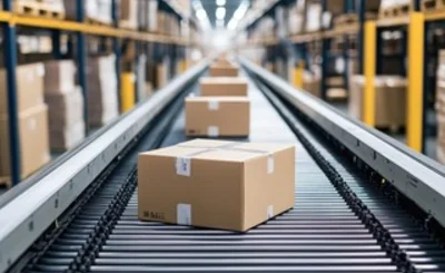 an image of a cardboard box on a conveyor belt in a warehouse